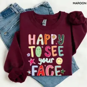 HappyShift - Happy To See Your Face Teacher Sweatshirt, Hand Drawn Colorful Doodle Stars Messy Teacher Sweater, Teacher Shirt, 1st Day Of School Teacher, Trendy Teacher Back To School Shirt, Gift For Teacher