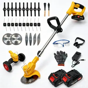 Electric Grass Trimmer & Weed Eater, 16800rpm Battery Powered Brush Cutter with Rotary Head & Interchangeable Blades, Adjustable Height Lawn Mower Alternative for Efficient Gardening,Tow 4000mAh Batteries Electric Brush Cutter Battery Grass Cutter