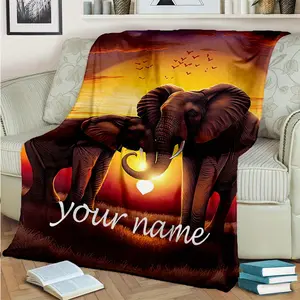 Personalized Elephant Sunset Flannel Throw Blanket with Custom Name - Soft, Warm Knitted Polyester, Vintage Animal Digital Print, All-Season Cozy Blanket for Sofa, Chair, Bed, Outdoor Travel - Unique Gift Idea