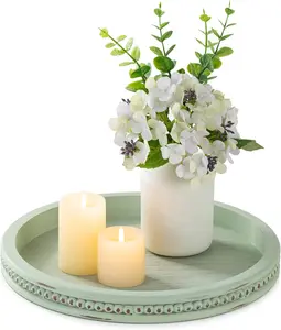 Sage Green Tray Decor: Round Decorative Tray for Coffee Table Centerpiece - Wooden Candle Plate Holder for Rustic Farmhouse Home Living Room Kitchen Counter