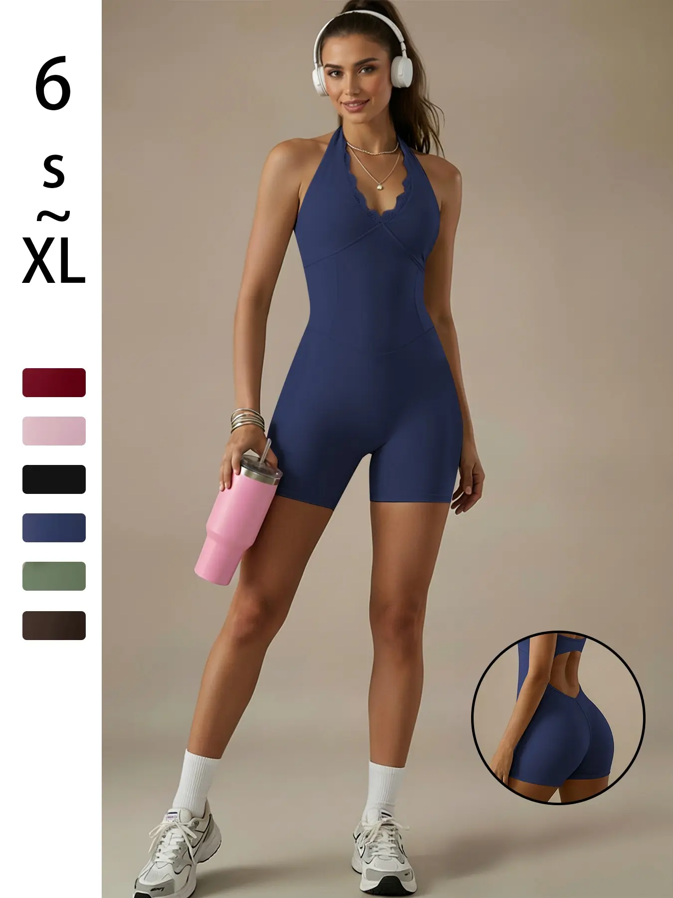 Women's Lace V-Neck Yoga Suit, Sexy Backless Butt-Lifting One-Piece Shorts, Quick-Dry Sports Wear, Home Comfortable Fitness Clothes, Sporty Comfy Sportswear Yoga Jumpsuits, All Season Activewear, Workout Gym Clothing