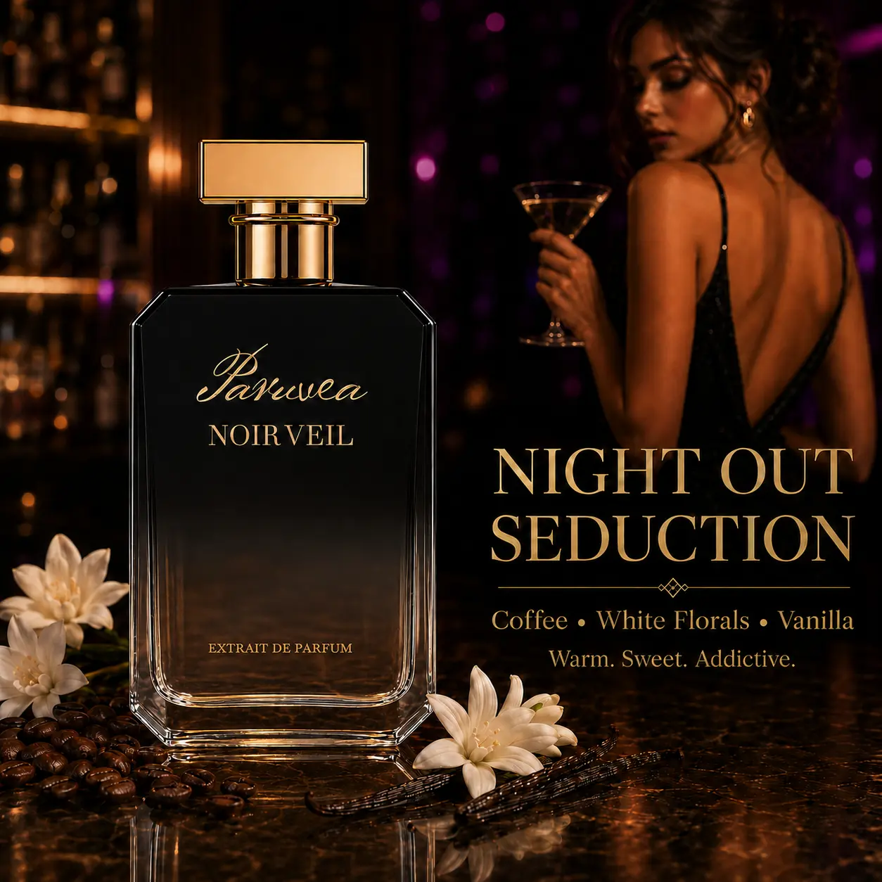 Paruvea Noir Veil Extrait De Parfum | Coffee Vanilla Warm Gourmand Perfume for Women | Date Night & Night Out Scent | Seductive Long Lasting Fragrance 100ml (3.4 fl oz)