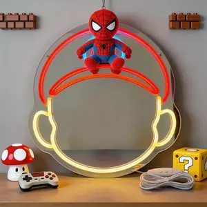 Cute Cartoon LED Neon Mirror with Soft Light, Aesthetic Wall Vanity Mirror for Kids Room Decor, Gaming Setup Light Mirror for Bedroom, USB Powered Makeup Mirror, Cute Room Decor Gift for Girls Teens