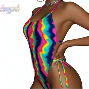 ANYGOAL Women Sexy Lace Up One Piece Swimsuit   Bathing Suits Tum Women Tie Dye Neon Halter Backless One Piece Swimsuit For Summer Beach Vacation, Stretch Swimwear With Eye Catching Color Pattern,