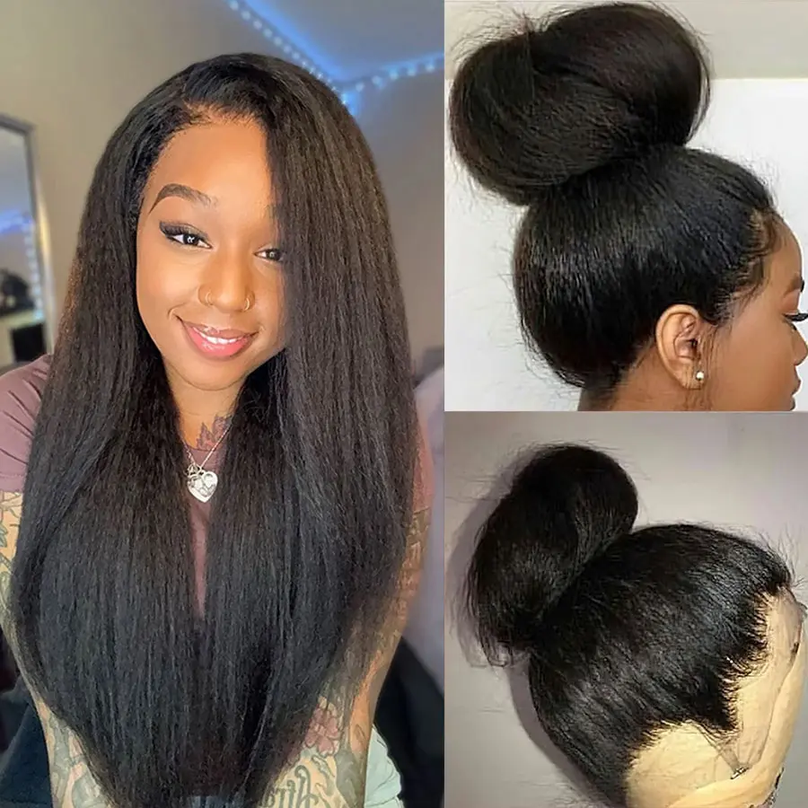 360 Kinky Straight Pre Cut Lace Wigs Malaysia 250 Density Ready To Go Glueless Wig Invisi Strapwig Pre Cut Pre Plucked 360 Lace Frontal Wigs Yaki Straight Wig  Invisi Drawstring SummerVibes