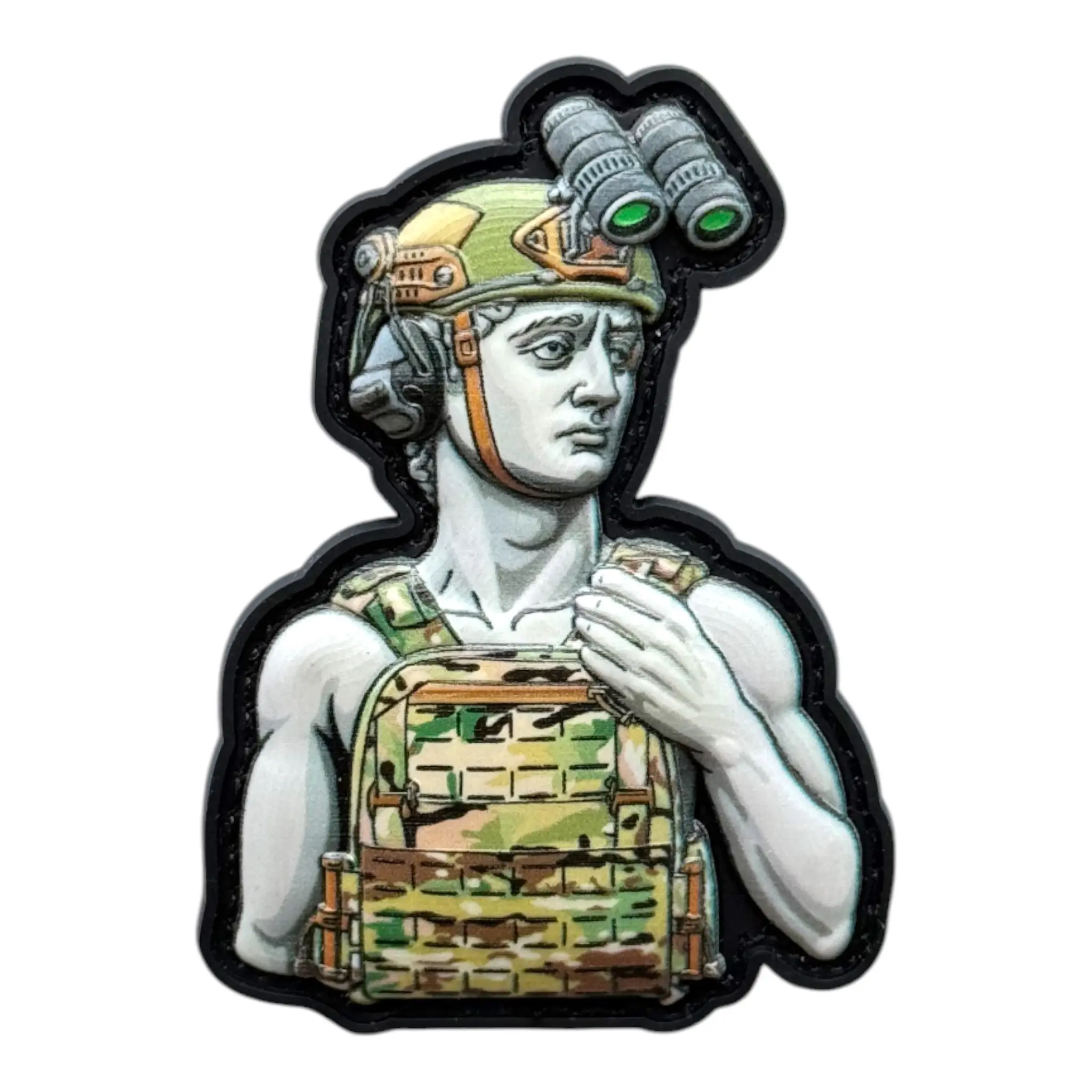 Tactical Statue Warrior PVC Patch - Military Morale Velcro Badge with Binoculars and Camouflage Vest Design