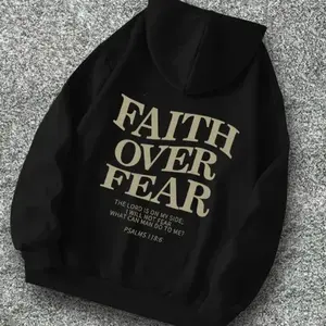 Men's "faith Over Fear" Slogan Print Drawstring Shirt,, Street Casual Regular Fit Long Sleeve Pocket shirt, Men's Top for Daily