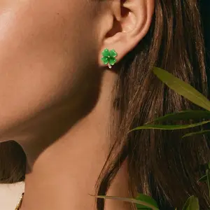 Green Cat Eye's Clover Flower Earrings, 14K Gold,  St Patricks Day Outfits & Shirt Accessories for Women/Men