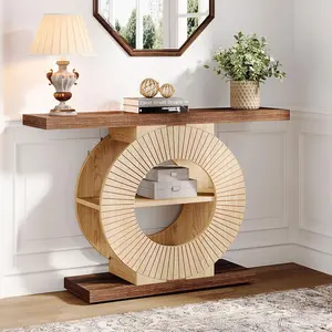 LITTLE TREE Console Table with Storage, Entryway Sofa Table with Shelves and Circle Base for Living Room Hallway