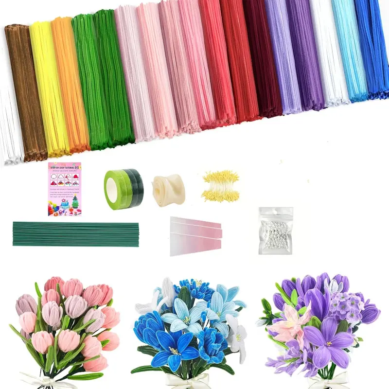 1131pcs Pipe Cleaners Craft, Pipe Cleaners Flowers Kit with Handle, 18 Colors Chenille Stems with Instruction, DIY Pipe Cleaner for Home Decor Supplies, Diy Bouquet, Diy Floral Decoration, Handmade Gift for Wedding & Mother's Day, Diy Material