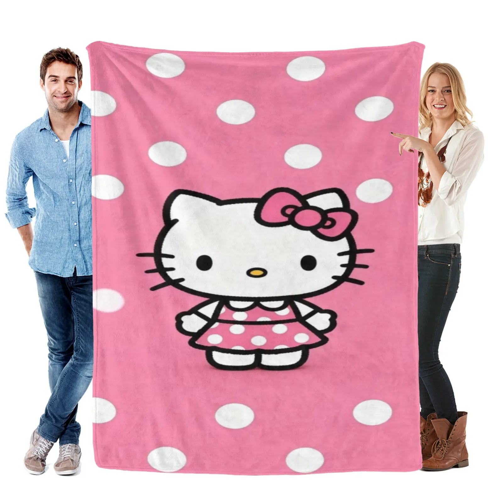 Sanrio Hello Kitty Pink Polka Dot Blanket, Cartoon Print Fleece Throw, Classic Hello Kitty Pattern, Hello Kitty Room Decor For Girls Bedroom