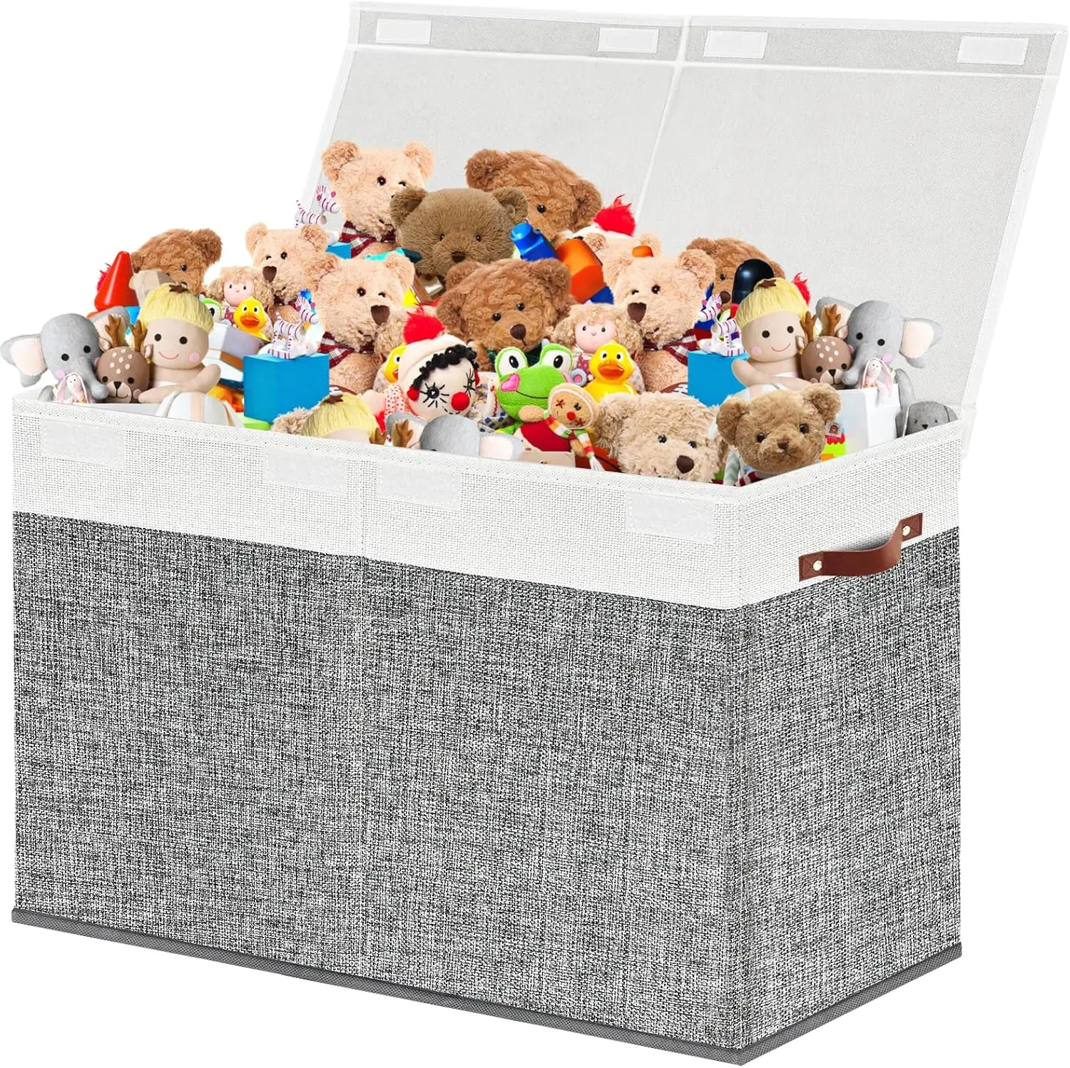 800D Oxford Fabric Collapsible Dustproof Toy Storage Bin with Lid - Sturdy, Durable Multifunctional Organizer with Hook and Loop, Compact Folded Household Solution for Kids' Bedroom (Grey & White)