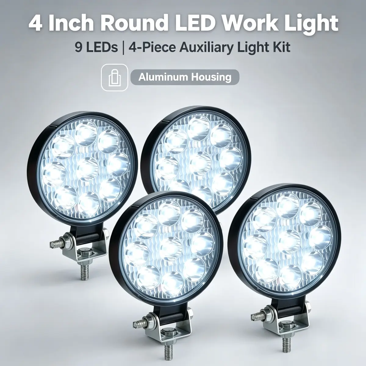4 Pack 4 Inch Round LED Work Lights 27W, 6500K Cool White Waterproof Driving Lights with Stainless Steel Mounting Bracket, Universal for Car Motorcycle SUV Truck Forklift Boat 12‑24V DC