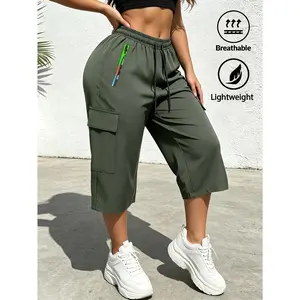 Women's Spring/Summer Fashion Casual Solid Color Cargo Capri Pants with Elastic Waist Drawstring, Multi-Color Zipper, Large Capacity Pockets, Suitable for Outdoor Leisure, Sports, and Daily Fashion Wear in Spring and Summer