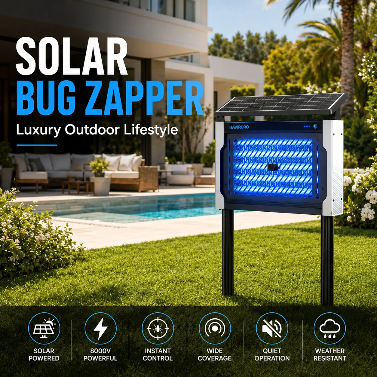 Outdoor Solar Mosquito & Bug Zapper – 8000V Electric Fly & Insect Killer, 7500mAh Battery-Powered Waterproof Trap with Tray; Solar/USB Charging for Indoor & Backyard Use