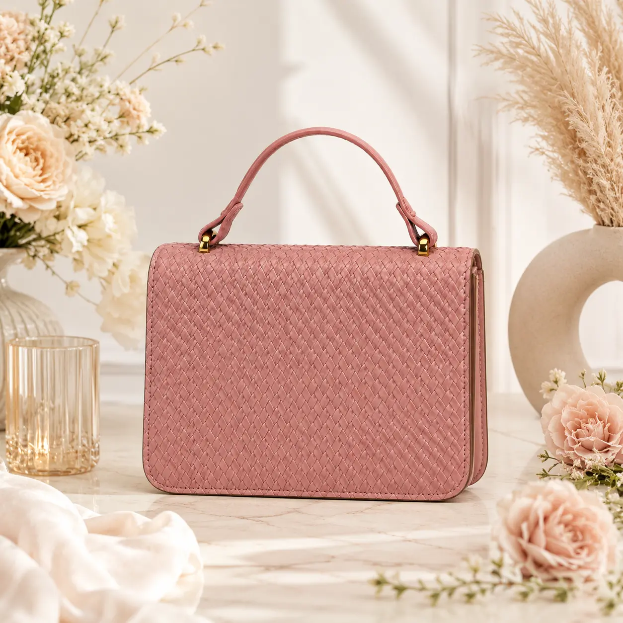 Women's Dusty Rose Woven Handbag, Elegant PU Leather Satchel with Top Handle & Gold-Tone Hardware for Evening and Work, Elegant Look, Woven Texture, Casual, Plain