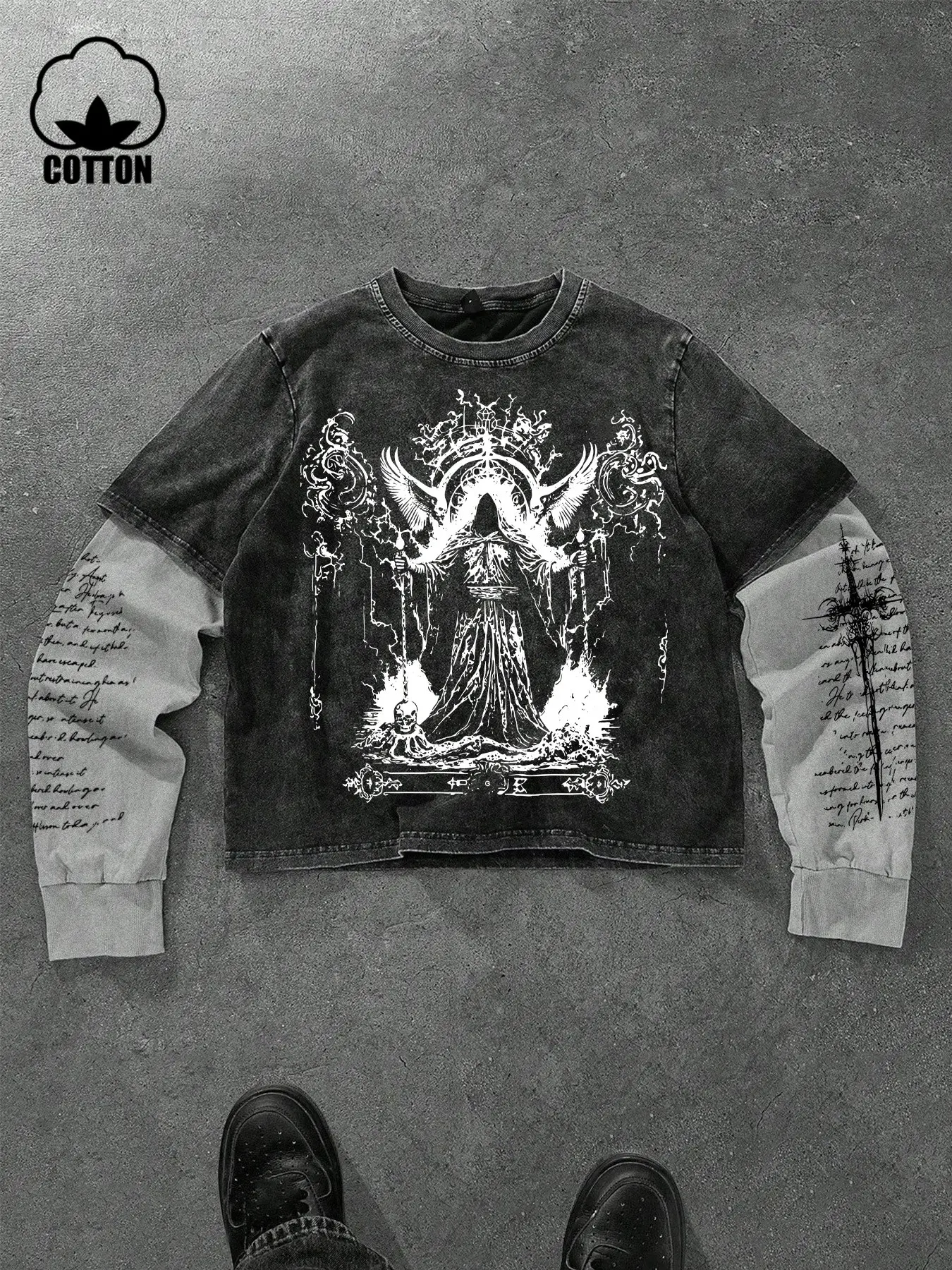 Men's Opium Style Acid Wash Double Layer Long Sleeve Crewneck T