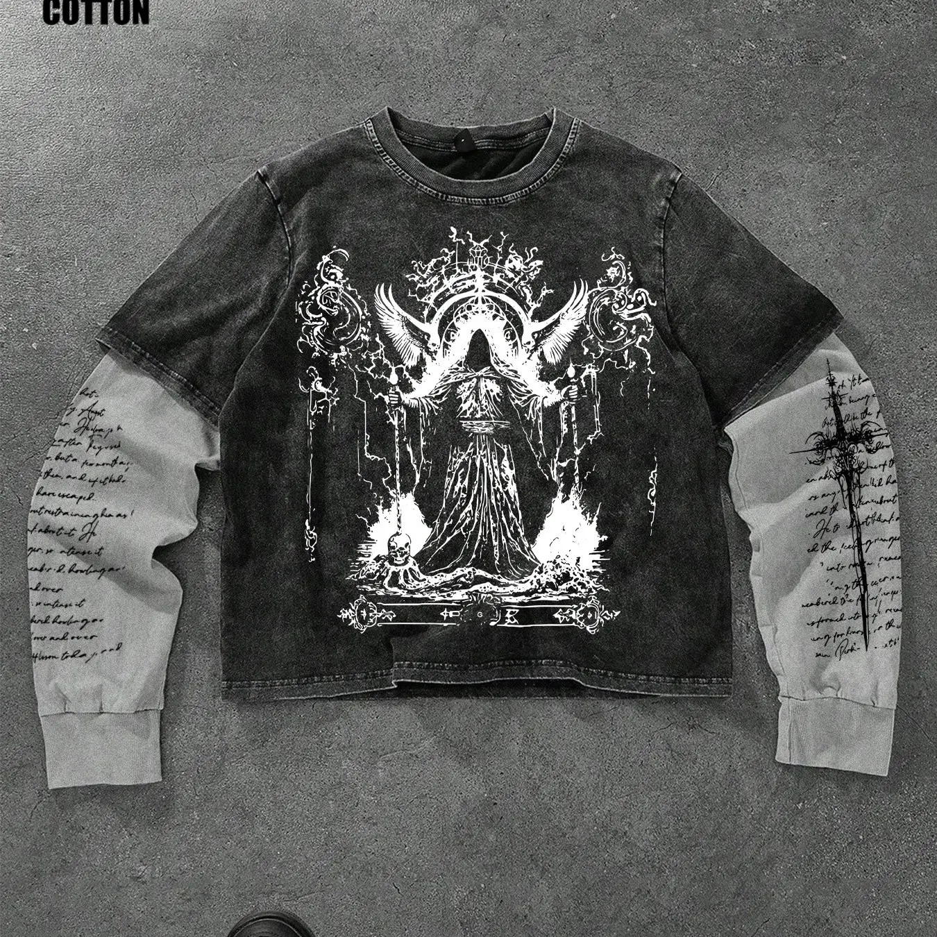 Men's Opium Style Acid Wash Double Layer Long Sleeve Crewneck T