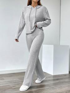 women's solid color drop shoulder drawstring hooded sweatshirt & pants ribbed two-piece set, casual fashion cozy breathable two piece outfits for daily outdoor wear, ladies clothes for all seasons, matching sets