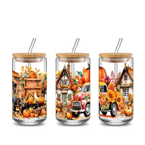 Cool Autumn Pumpkin Truck Design 16oz Glass Water Cup with Lid and Straw, Bamboo Lid Reusable Glass Drinking Cup, High-Quality Glass Jar Design, Suitable for Iced Coffee, Beer, Juice, Milk, Cold Drink Glass Cups, Fashionable Glassware