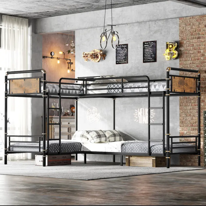 Minimalist Industrial Charm Quad Bunk Bed for Kids, Heavy-Duty Durable Metal Twin Convertible Frame, Detachable, Noise-Free, Black, Divisible Into 3 Twin Beds
