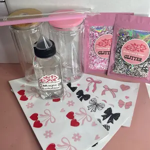 (2) 16 oz Snow-Globe Start Kit -1 Plastic & 1 Glass, 8 oz Magic Solution, Mini Funnel, 2 Bags of Random Glitter, 3 UVDTF Wraps & decals mixed, DIY Sticker Kit