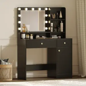 [Summervibes] Vanity Desk with White LED Lighted Mirror 35.4" Makeup Table with Vanity Mirror Light 3 Color Modes Adjustable Brightness 2 Drawers & Open Shelves for Bedroom
