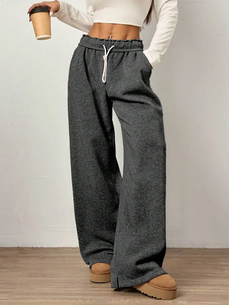 Grey Fold-Over Waist Drawstring Tie Slant Pockets Straight Leg Casual Street Style Women's Long Sweatpants Graduation,Back To School Outfits,Graduation,Teacher Outfits For Women,Back To School Fall Cloth For Women