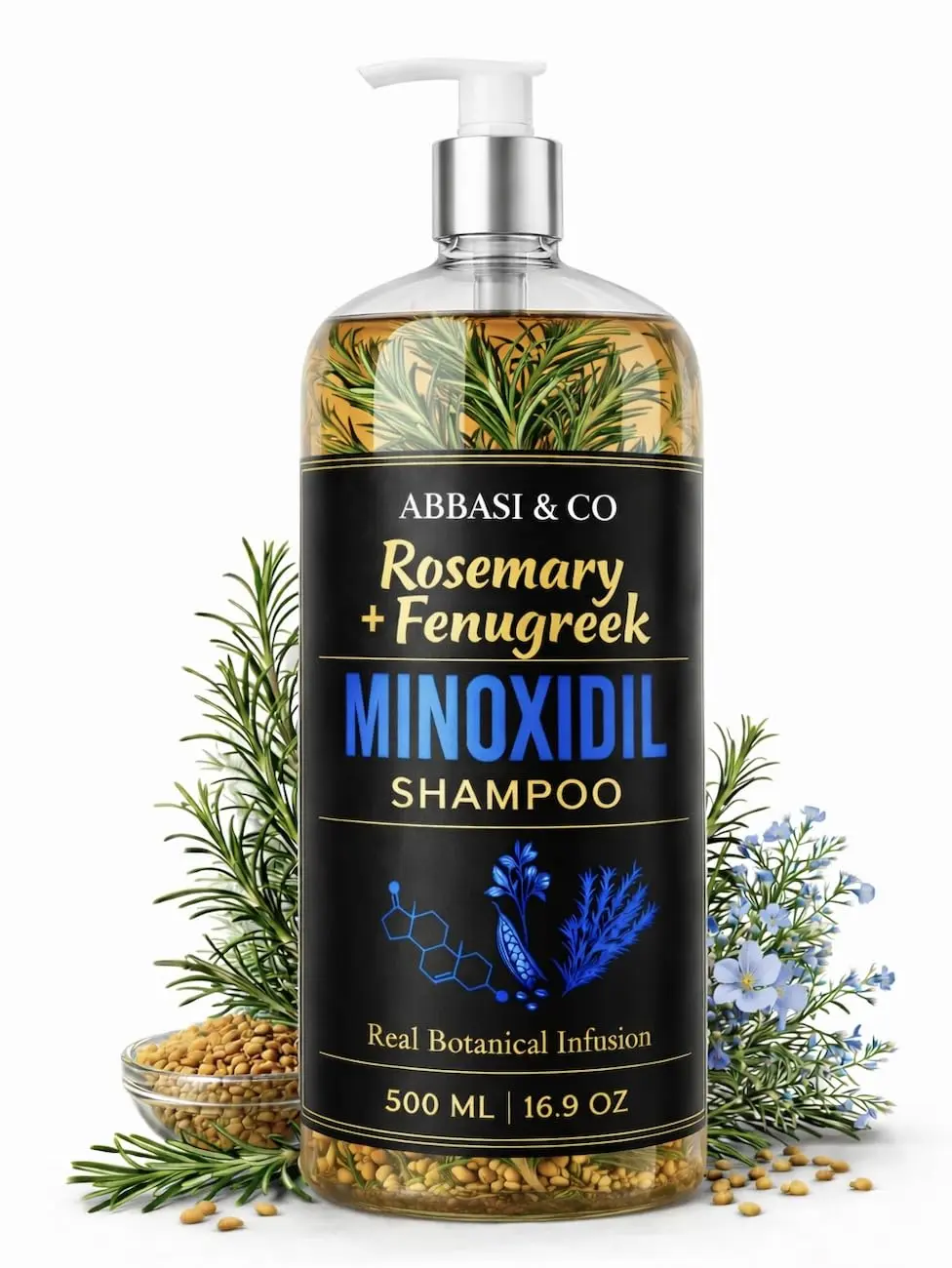 500ML Rosemary + Fenugreek Minoxidil Infused Herbal Hair Growth Shampoo - Biotin, Keratin, Cinnamon - Haircare Cleanser with Real Visible Pieces, Nourishing Thickening & Strengthening Formula