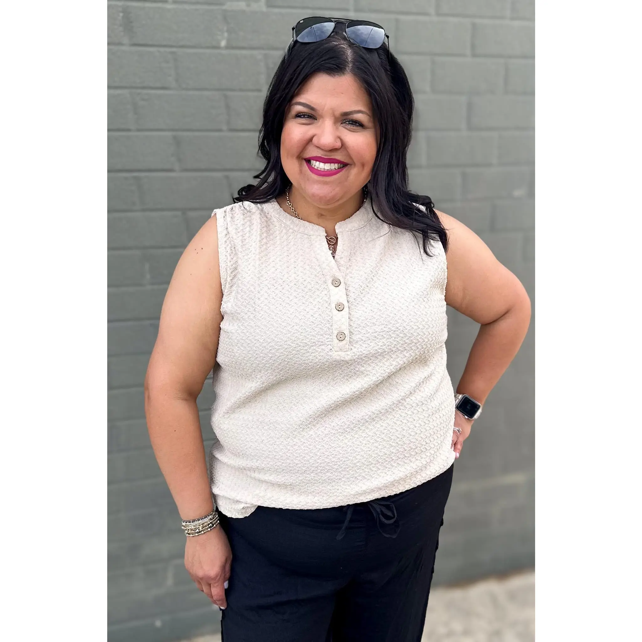 Beige Textured Henley Sleeveless Top