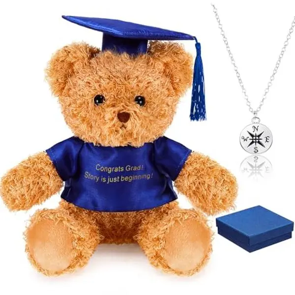2026 Graduation Bear Gift Set - 18cm (7.09 inches) Portable Graduation Plush Bear, Inspirational Stainless Steel Compass Necklace with Box for Kindergarten-College Graduates, Class of 2026 Party Favors & Ceremony Gifts