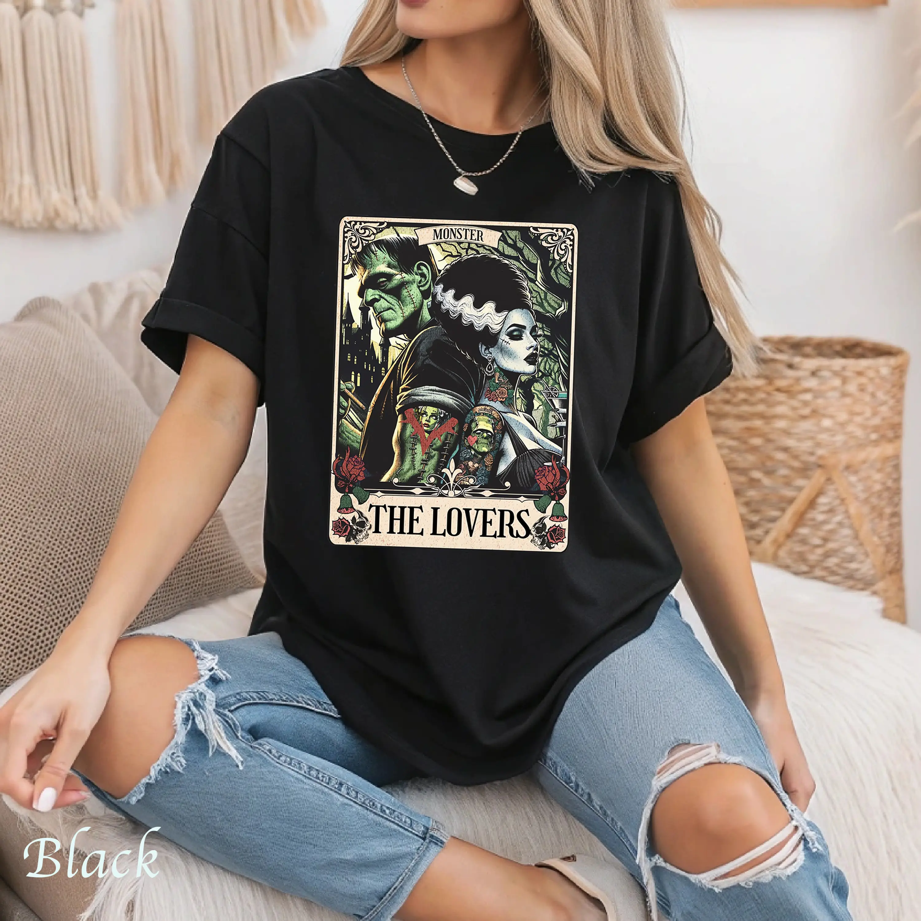 Frankenstein and bride the Lover Tarot Card Unisex Tee - Spooky Halloween, Couples Gift, Vintage Graphic Shirt, Casual Wear, Art Print T-shirt