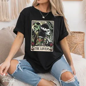 Frankenstein and bride the Lover Tarot Card Unisex Tee - Spooky Halloween, Couples Gift, Vintage Graphic Shirt, Casual Wear, Art Print T-shirt