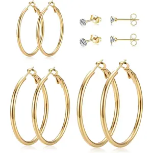 5 Pairs Gold Stud Hoop Earrings for Women, Hypoallergenic 14K Gold Plated Trendy Stud Hoop Earrings Set for Sensitive Ears, Lightweight Big Hoops Earring Stacks for Multiple Piercing Jewelry Gift
