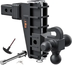 Adjustable Trailer Hitch with Hook, Tri-Ball (1-7/8" x 2" x 2-5/16") Drop Hitch, Fits 2-Inch Receiver, 6-10 Inch Drop Hitch, 17000 LBS GTW-Class 3 Tow Hitch for Heavy Duty Truck, Solid Ball Mount