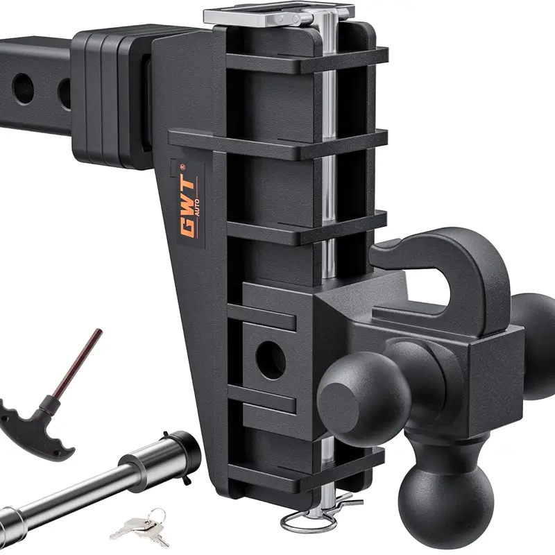GWTAUTO Adjustable Trailer Hitch with Hook, Tri-Ball (1-7/8" x 2" x 2-5/16") Drop Hitch, Fits 2-Inch Receiver,（ 6-8） Inch Drop Hitch, 17000 LBS GTW-Class 3 Tow Hitch for Heavy Duty Truck, Solid Ball Mount