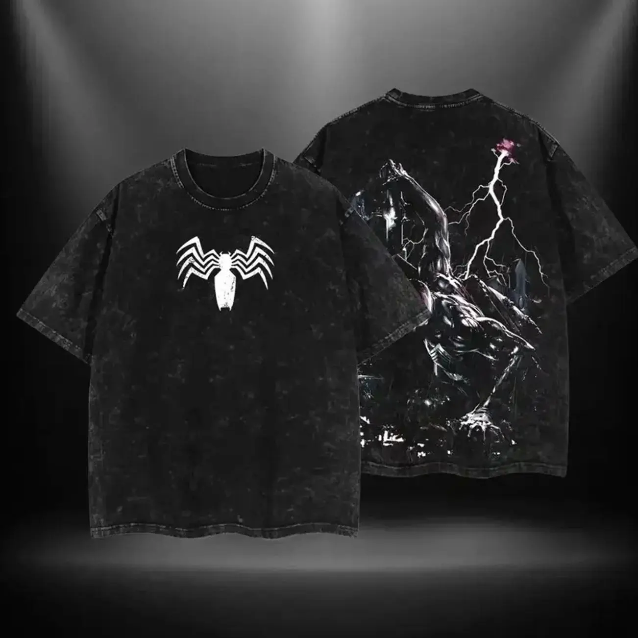 Washed Tee The Dark Style Symbiote Spidey V5 Double Printed Oversize Lightweight Acid Washed Tee TV Show Graphic Top Cotton Gift T-Shirt For Comic Lover, Gift T-Shirt For Movie Lover WED 1RE