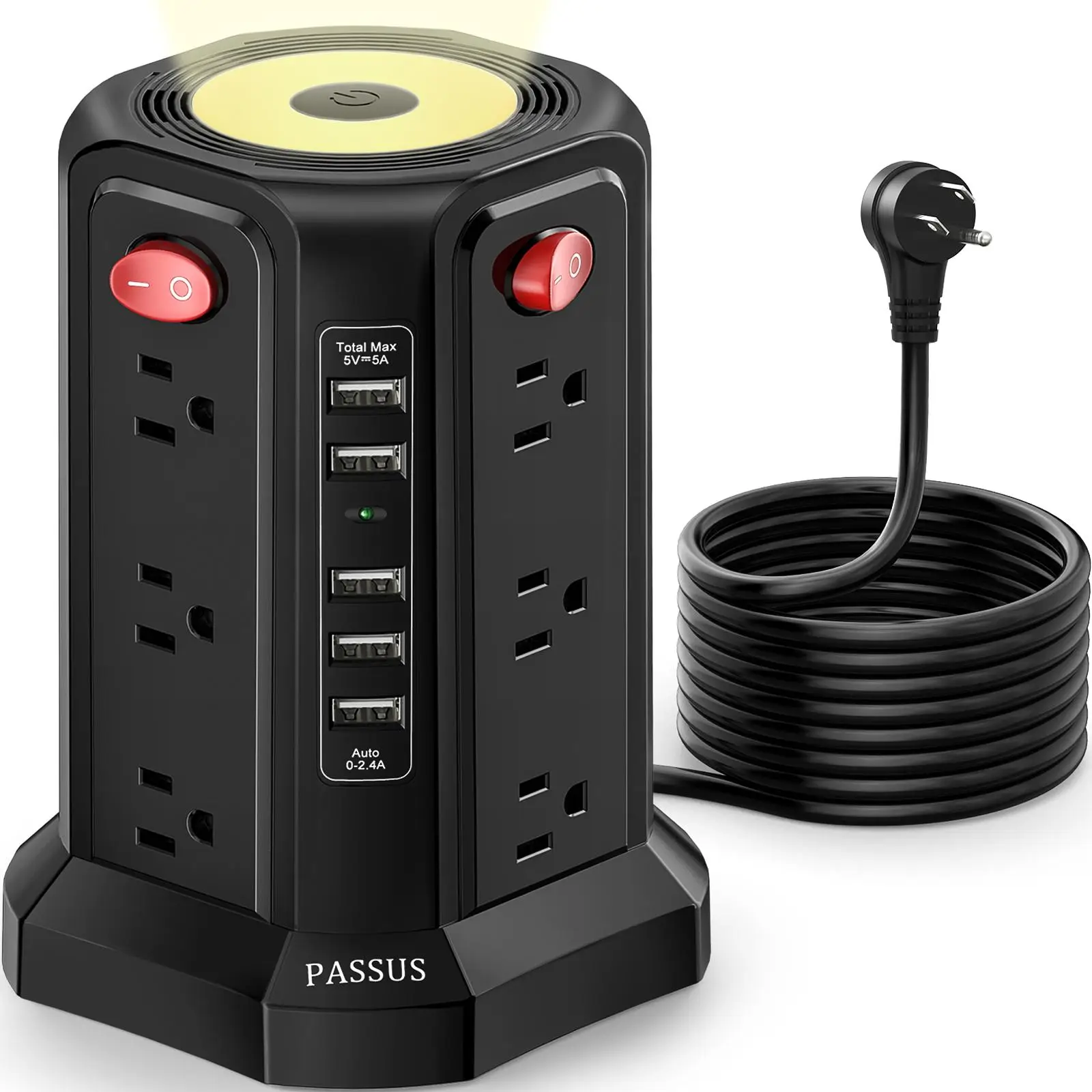 12 Outlet Surge Protector, USB Powered Outlet with 5 USB Ports, Three-level Night Light, Surge Protector for Office Home