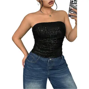 Women's Plus Size Sequin Glitter Tube Top Y2k Ruched Strapless Fitted Party Club Tops Night Out Outfit