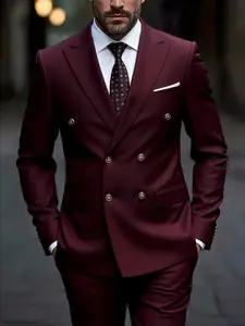 2pcs Men's Slim-Fit Burgundy Wedding & Business Suit Set - Tailored Jacket & Trousers with Collar, Deep Red/Burgundy Color for Groom, Groomsmen, Parties - All-Season Formal Attire Exquisite Suits (Hand Wash/Dry Clean)