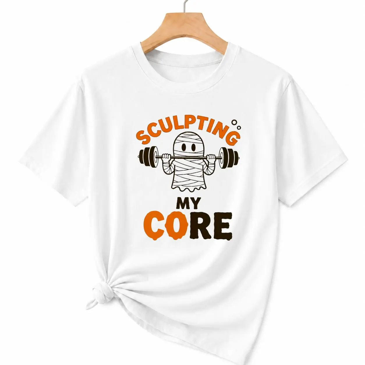CARPESUN Funny Halloween Sculpting My Core Mummy Lifting Weights Graphic Tee Soft Breathable Cotton Unisex Casual Workout Gift Idea