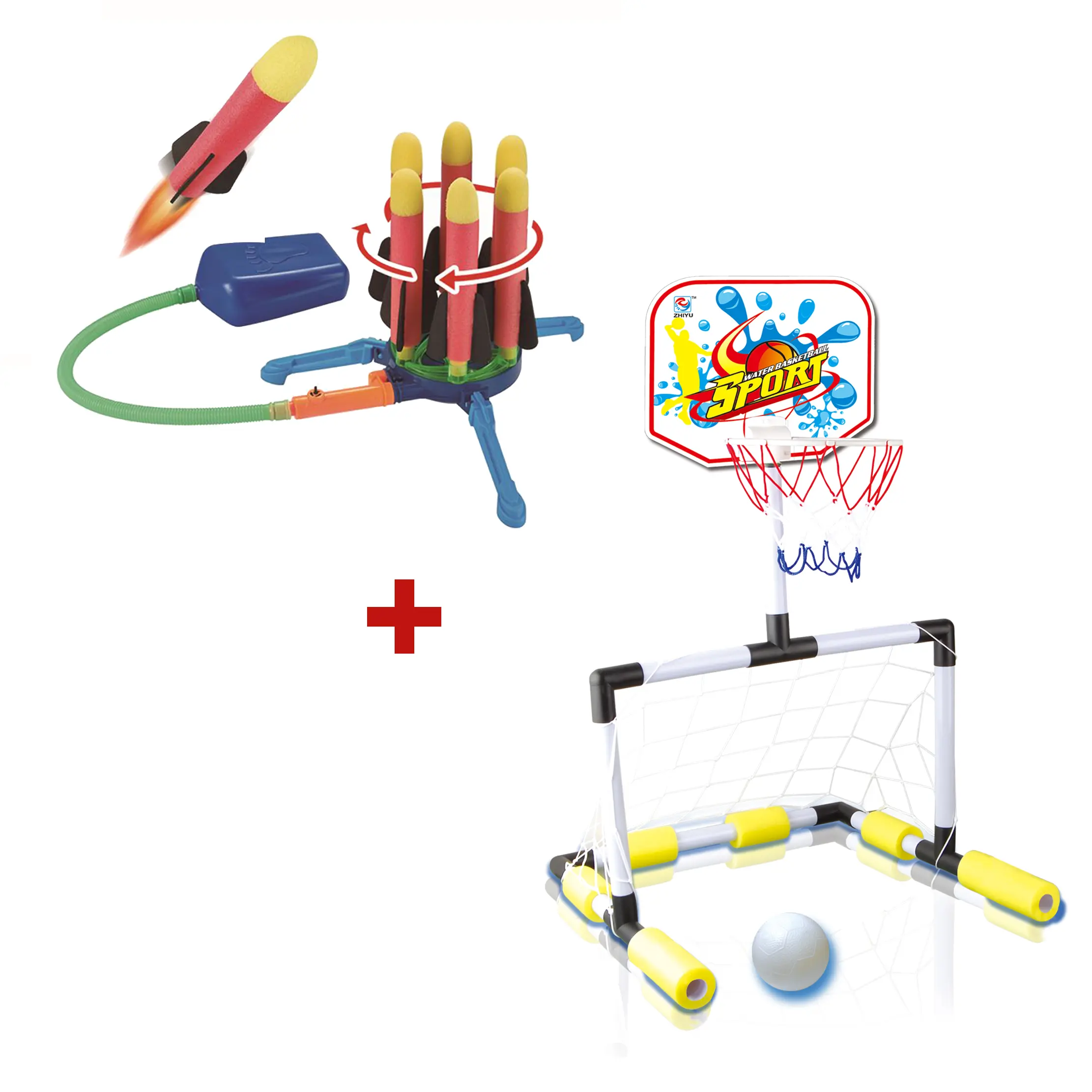 Rocket Launcher and Water Sports Combo Toy Set for Kids Ages 3-12, Outdoor Rocket Launcher with 6 Flying Rockets, Pool Basketball Football Water Game with Pump, backyard Toys, Birthday Christmas Gifts for Boys Girls