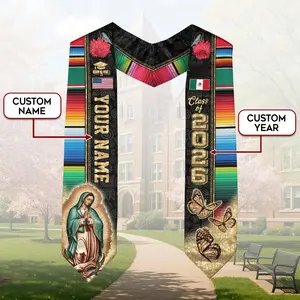 Personalized Mexican American Graduation Stole, Custom Name & Year Virgen de Guadalupe Sash, 2026 Hispanic Graduation Sash with Mexican & American Flag, Serape Pattern Mexico Heritage Commencement Stole