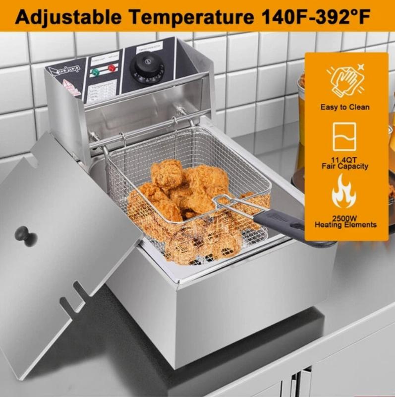 10QT Capacity Electric Deep Fryer with Baskets & Lids 10L Countertop Stainless Steel Temperature Control Frying Machine for Home Commercial 2500W 60Hz 110V Adjustable 140F-392F Easy to Clean