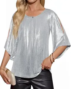 Yousify Women's Silver Polyester Elastane 3/4 Sleeve Tops Trendy Glitter Sparkly Pleated Blouse Casual Party Crewneck Loose Fit Shirts Minimalist Basic Womenswear