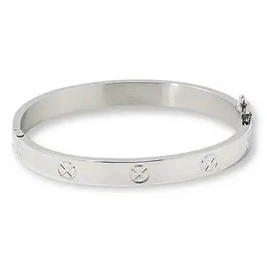 Stately Steel Hugs & Kisses CZ Accent Hinged Bangle Bracelet