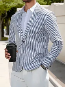 Men's Blue and Striped Casual Suit, Fresh Striped Jacket for Daily Wear, Perfect for Casual Gatherings and Office Commutes