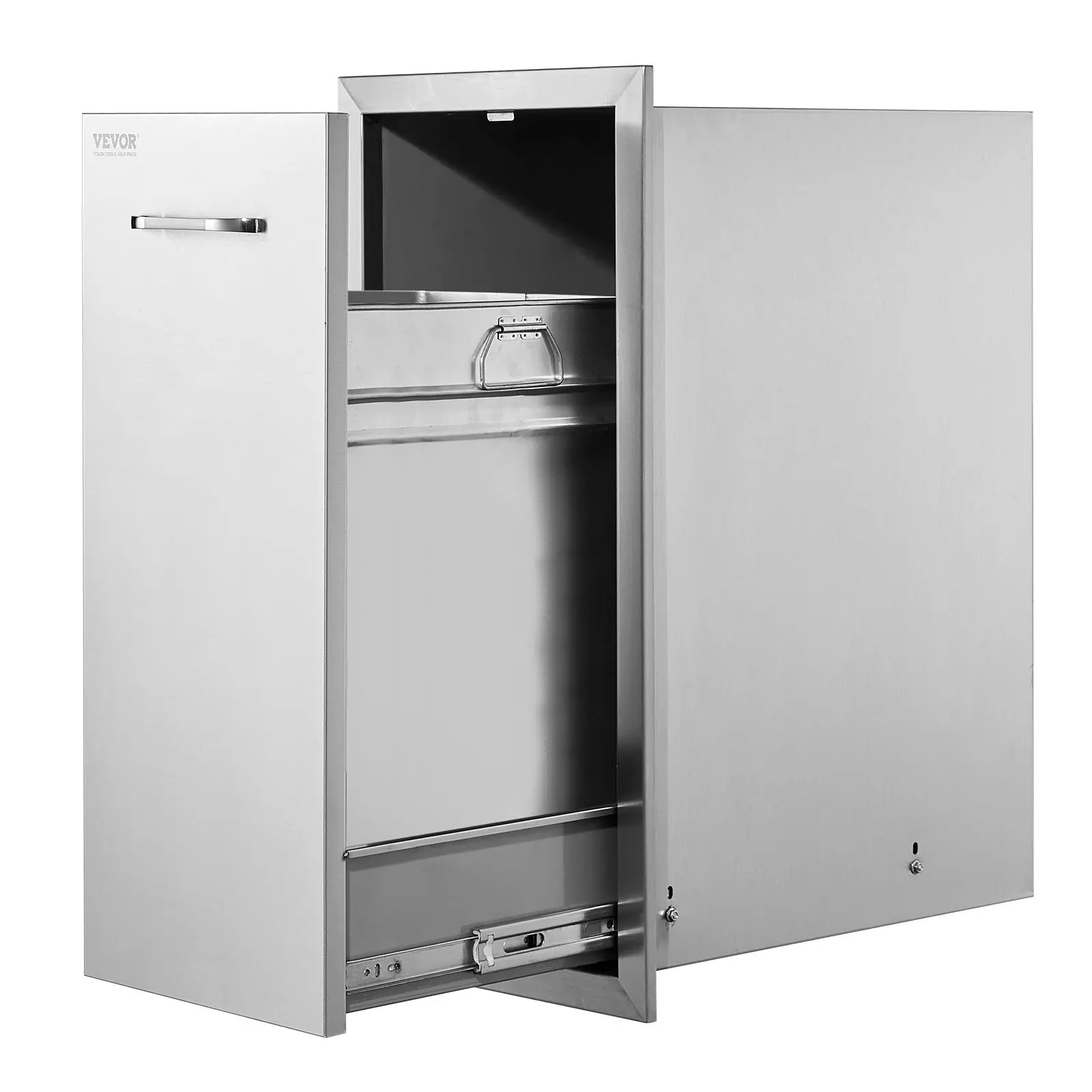 VEVOR Pull Out Trash Drawer 13.6Wx26Hx19.3D Inch Lower Sliding Rails Stainless Steel Roll Out Trash Bin Pull Out Tray Outdoor Kitchen Trash Drawer with Handle for BBQ Island Grill Station Round Smooth