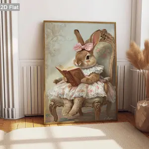 2D Flat, 1pc Unframed Cute Bunny Canvas Paintings, Vintage Chair Wall Art Poster, Floral Dress Art Prints, Retro Wall Decor, Classic Decorations Posters, Modern Wall arts, Home Decor, Holiday Gifts, For Living Room, Bedroom, Home Office, Frameless