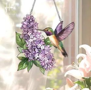 Purple Lilac And Hummingbird Suncatcher, Hummingbird Acrylic Window Decor, Mother's Day Gift for Mom Grandma, Memory Sympathy Gifts